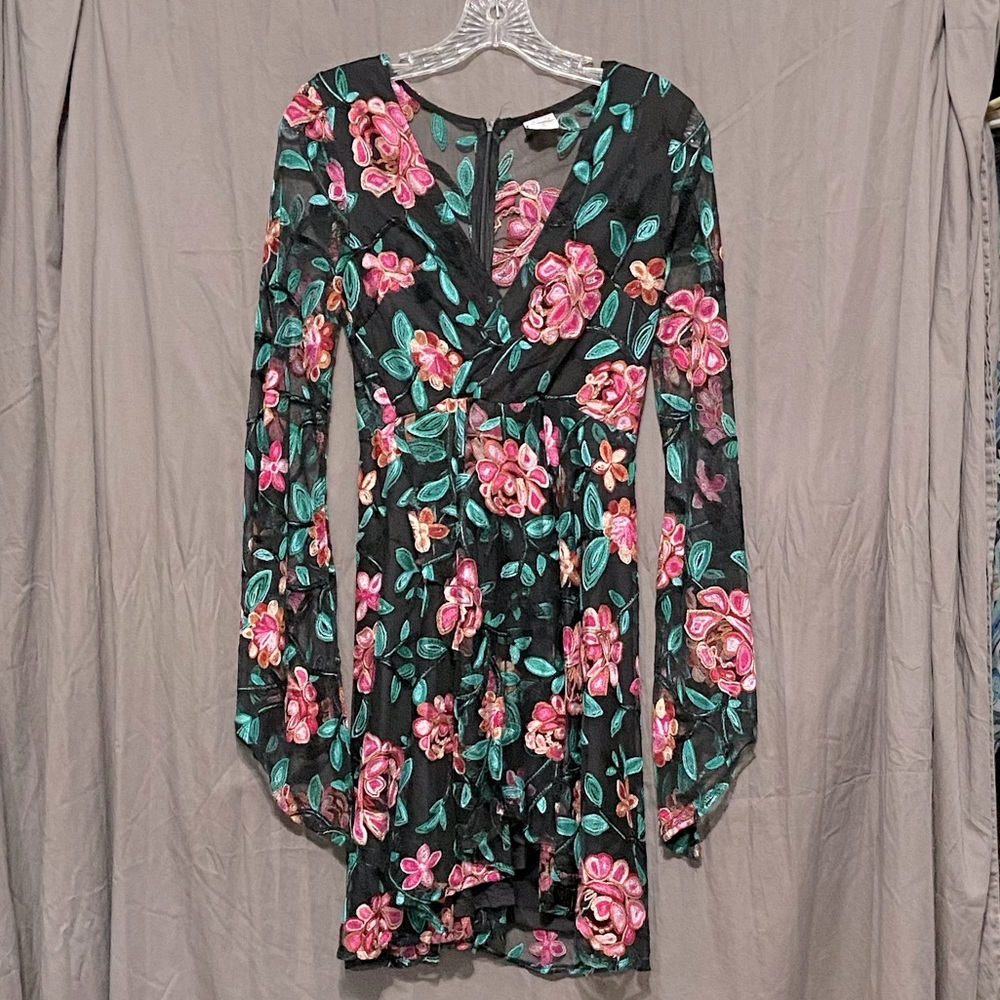 Black Floral Wrap Dress - sheer long sleeves with embroidered design